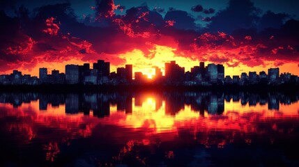 Obraz premium Cityscape with fiery sunset reflected in water.