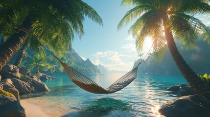 Fototapeta premium Cozy hammock strung between two palm trees on an island, inviting viewers to imagine relaxation and escape from everyday life.