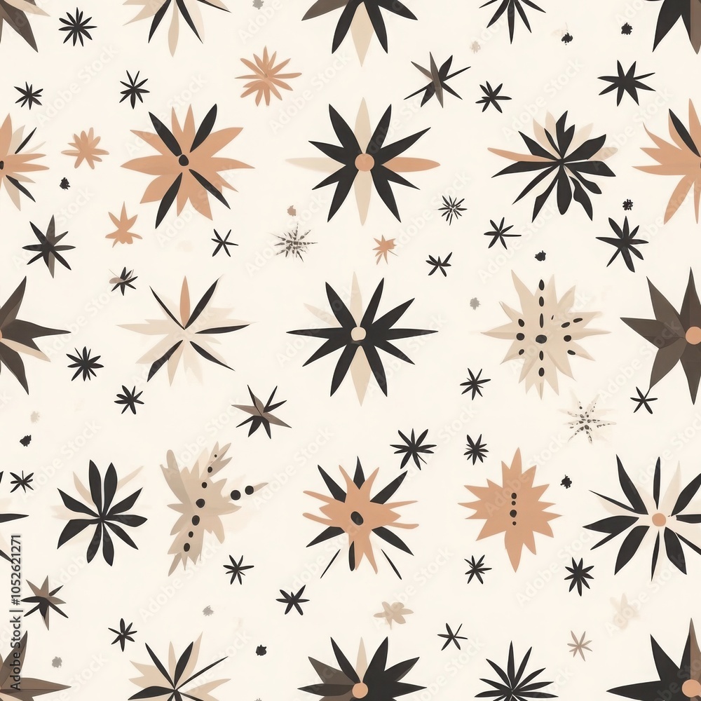 Poster a whimsical pattern of stars in earthy tones on a cream background, creating a playful and artistic 