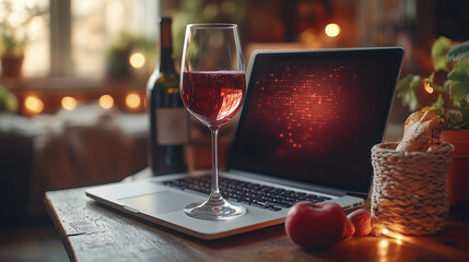  Cozy laptop workspace with wine, fruit and ambient lighting [with copy space]