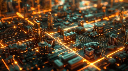 A futuristic smart city at night with an orange digital circuit overlay, representing AI-driven connectivity, data flow, and advanced urban infrastructure in a high-tech environment