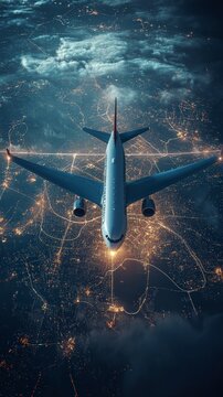 A sleek jetliner sails gracefully across a beautifully illuminated city background, showcasing the intersection of innovation, exploration, and timeless human endeavors.