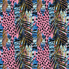 Obraz premium Fun girly camouflage pattern in vibrant stripes and spotted seamless design . Modern skin texture patched effect for festival and beach wear style in repeat .