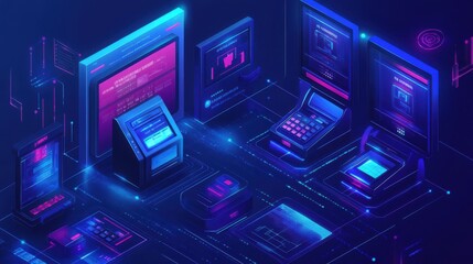 Dynamic isometric scene of a digital payment system, with users making transactions on various devices in a tech-savvy environment.