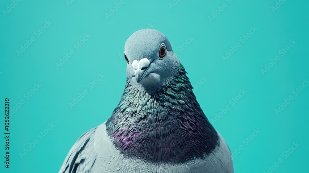 Poster a close up view of a pigeon displaying its gray feathers and attentive expression against a vibrant 