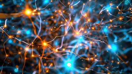 Abstract digital brain representation with interconnected glowing nodes and neural pathways in blue and orange hues