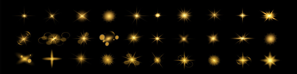 Fototapeta premium Glow isolated yellow transparent starlight effect set, lens flare, explosion, line, sun flash, glitter, spark and stars. Abstract special effect element design. Shine ray 