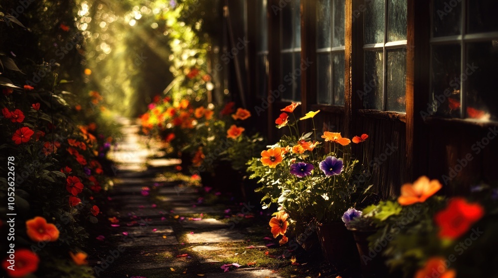 Poster A stone path lined with colorful flowers leading towards a rustic building with sunlight streaming through the windows.