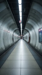 Futuristic subway tunnel with LED lights polished walls emergency signs and approaching trains