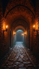 Fototapeta premium Mysterious tunnel entrance to ancient fortress with torches and cobblestones
