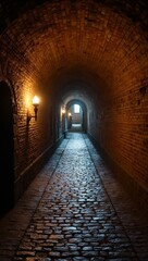 Fototapeta premium Mysterious tunnel entrance to ancient fortress with torches and cobblestones