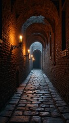 Obraz premium Mysterious tunnel entrance to ancient fortress with torches and cobblestones