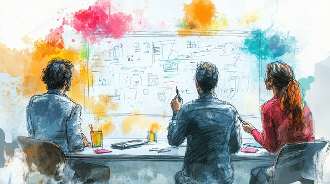 Illustration of a brainstorming session with team members discussing innovative tech solutions on a whiteboard filled with ideas.