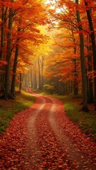 Scenic red dirt road winding through autumn forest with fallen leaves and golden sunlight