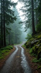 Obraz premium Misty mountain road with pine trees and moss covered rocks