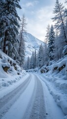 Obraz premium Serene mountain road in winter snowdrifts icicles and sunlight create a picturesque scene