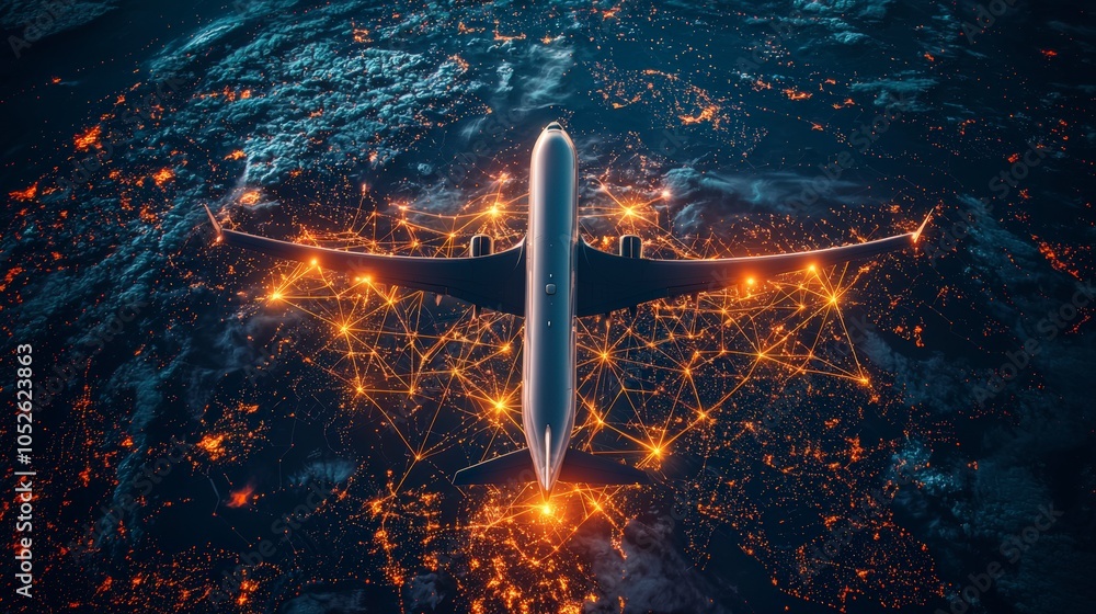 Wall mural an airplane glides over a digitally rendered worldwide map, with glowing network lines and nodes sym