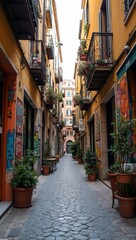 Obraz premium Quaint alley with street art cafes and cobblestones