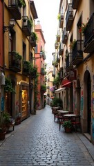 Fototapeta premium Quaint alley with street art cafes and cobblestones