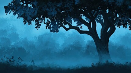 Fototapeta premium A tree in a foggy forest, painted against a blue sky background