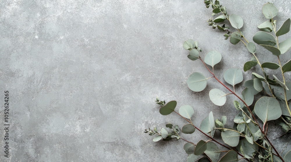 Poster eucalyptus sprigs arranged on a flat surface with ample negative space for text or design elements