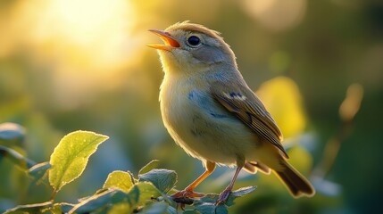 A small bird with a yellow breast and a bright orange beak sings a song in the golden sunlight.