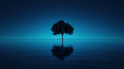 Silhouette of a solitary tree stands in calm water under a starry night sky, creating a serene and peaceful atmosphere.