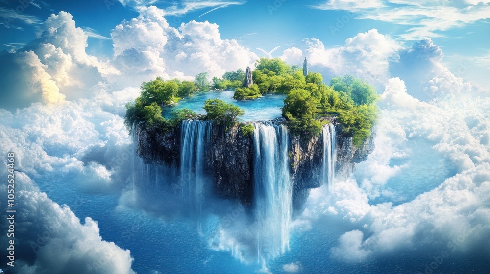 Poster a lush, green floating island with a waterfall cascading down into the clouds.