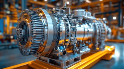 Fototapeta premium Close-up of a shiny, industrial machine part with a complex design.