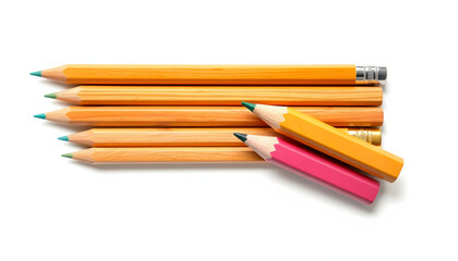 Pencils natural wood with erasers isolated on white, transparent, top view isolated with white highlights, png