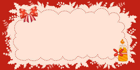 Obraz premium Christmas Background with Red Bow and Candle on a Red Background. Holiday Frame for Seasonal Greetings and Invitations.