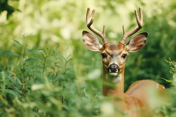 Fototapeta premium Majestic Elk in Wooded Forest Locks Eyes with Photographer