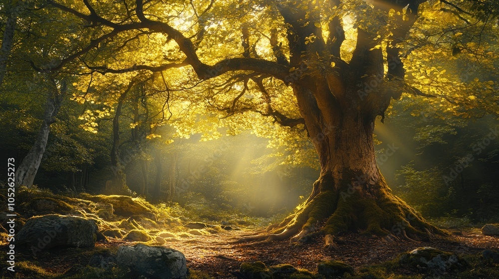Aufkleber a majestic beech tree stands in a moody forest setting during spring illuminated by sunlight that en