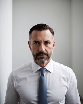 Serious businessman with beard and blue tie.