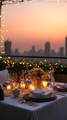 Naklejka premium Romantic Rooftop Dinner: Cityscape Sunset 