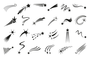 Falling stars black silhouettes. Star icons with tails and trails. Flying comets different shapes, galaxy or universe elements. Starburst neoteric vector set © MicroOne