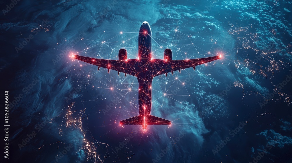 Wall mural an airplane flying above earth, surrounded by a digital network of glowing red nodes and connections