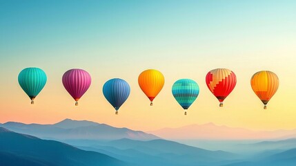 Fototapeta premium A hot air balloon flight over a mountain range at dawn with vibrant skies as the backdrop