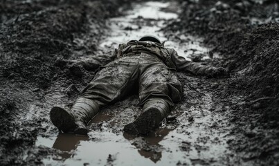 Naklejka premium Soldier lying in mud, war scene.