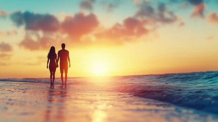 Fototapeta premium Three people walking hand in hand along the beach during a vibrant sunset near the ocean
