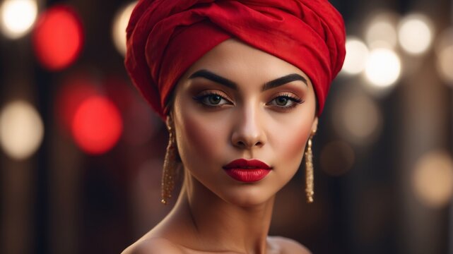 A woman wearing a red turban and sporting red lipstick in a close-up shot.