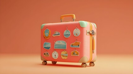 Fototapeta na wymiar kona 3D, walizka, naklejki podróżne, tło pomarańczowe, minimalizm, ilustracja cyfrowa, podróże, turystyka, pastelowe kolory, subtelne oświetlenie, bliskie ujęcie, detale, walizka podróżna, wakacje, Ad