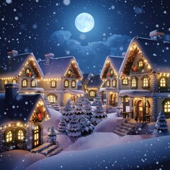 Naklejka premium Cozy Christmas village of snowy wooden cabins illuminated by warm light under a heavy night snowfall and a glowing full moon.