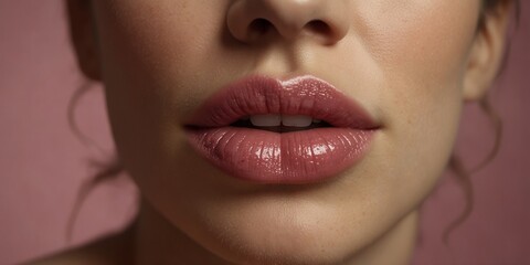 Naklejka premium Close-up of sensual female lips on pink background.
