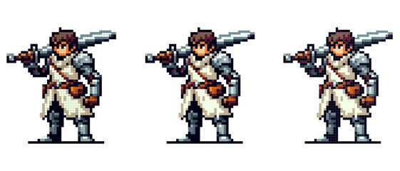 The pixel warrior stands confidently holding a large sword, wearing armor and a white tunic with a brown belt and bag.