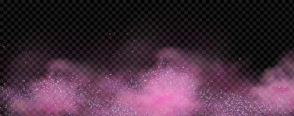 Obraz premium Pink powder dust with glittering shimmering swirls, shiny glitter design. Magical motion, sparkling lines on a black background.