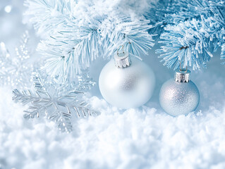 Christmas Balls and Decorations on Winter-Themed Background in Snowy Blue, Icy Silver, and Crystal...