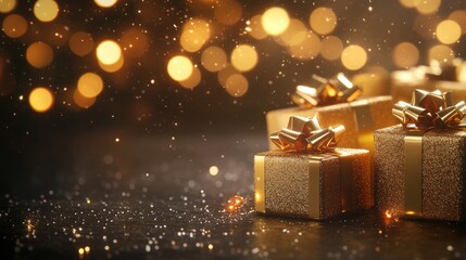 Golden gift boxes set against an abstract backdrop with bokeh lights perfect for festive designs related to celebrations and special occasions