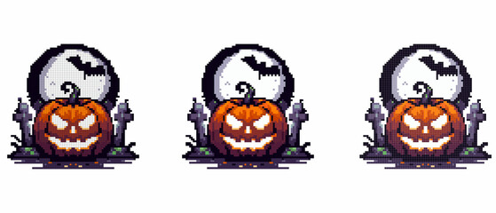 A glowing jack-o'-lantern with a sinister grin sits in front of a full moon with a bat flying across it and gravestones nearby