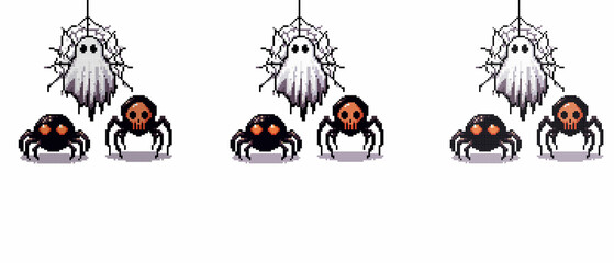 A pixel art ghost hangs from a spider web with two spiders below one with red eyes and the other with a skull face